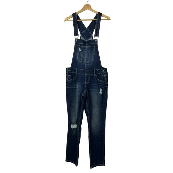 Blue Spice Dark Blue Denim Distressed Straight Leg Overalls 9 - Picture 1 of 5